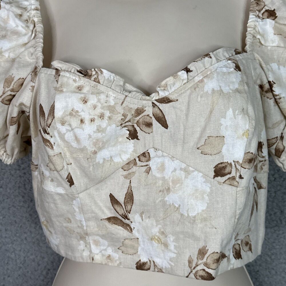 House of Harlow 1960 Samina Puff Sleeve Crop Top Cream Floral Linen Blend NWOT - Picture 2 of 12